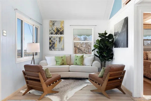 a living room with furniture and a potted plant