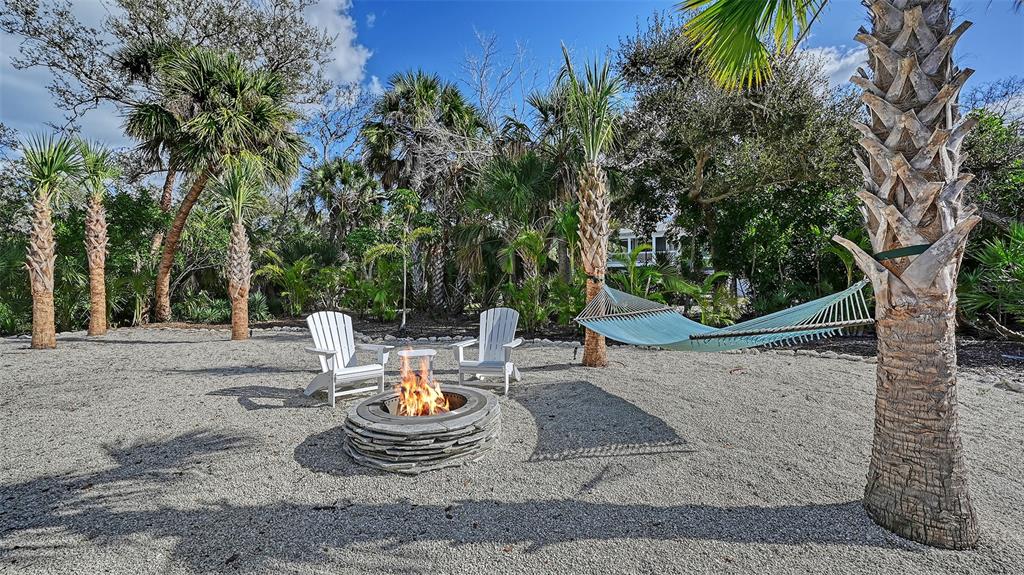 7221 Plovers Way Sarasota, FL 34242 - Photo 62 of 100 a view of a backyard with table and chairs potted plants and tree