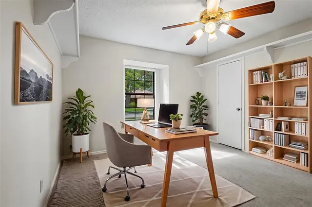 a view of a workspace with furniture and a potted plant