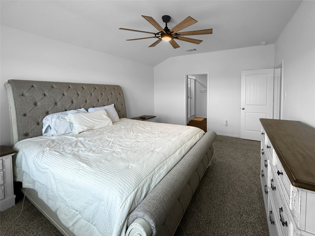 730 Gladiola Loop Kyle, TX 78640 - Photo 8 of 13 Bedroom with dark colored carpet, vaulted ceiling, a ceiling fan, and a spacious closet