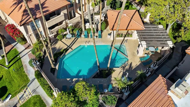 a view of a patio with table and chairs potted plants and palm tree