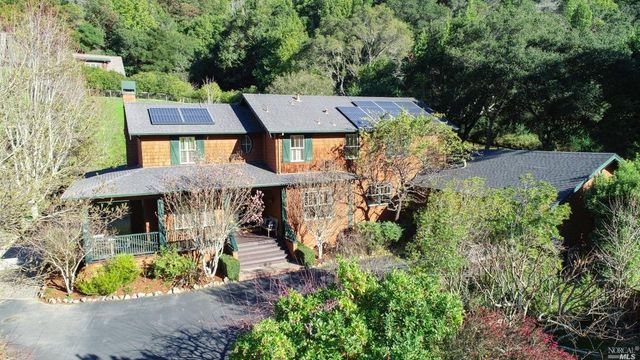 an aerial view of a house with a yard and potted plants