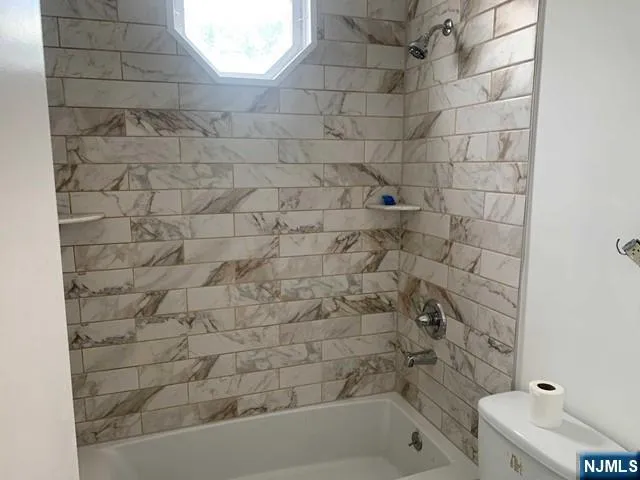 a bathroom with a bathtub and a toilet