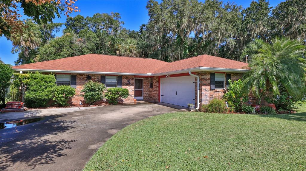 a front view of a house with yard and green space