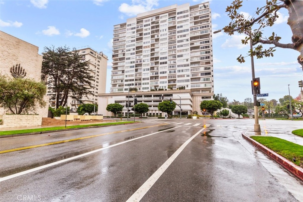 a city view with tall buildings