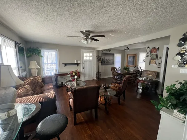 a living room with furniture potted plant couches and a dining table with wooden floor