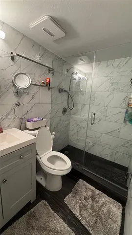 a bathroom with a double vanity sink mirror and toilet