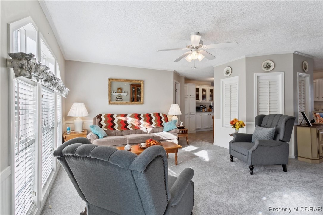 1413 Locust Grove Road Topping, VA 23169 - Photo 4 of 50 Living room featuring ceiling fan, light colored carpet, and a textured ceiling