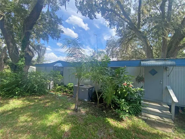 a backyard of a house with plants and large trees