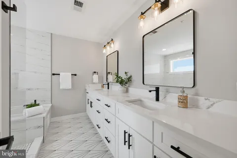 a bathroom with a double vanity sink a mirror and a shower