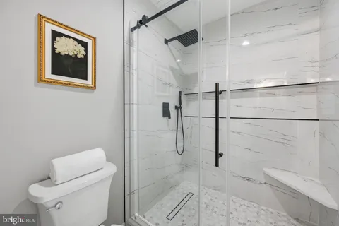 a bathroom with a shower and toilet
