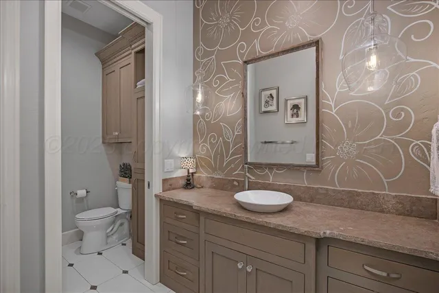 a bathroom with a granite countertop sink toilet and mirror