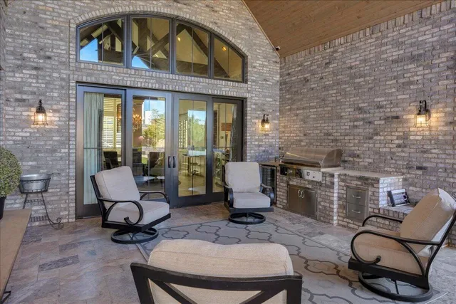 a building outdoor space with patio furniture