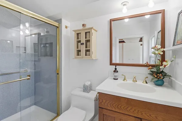 a bathroom with a sink a toilet and shower