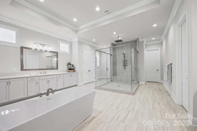 a bathroom with a tub shower sink and mirror