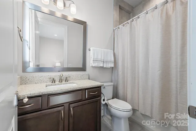 a bathroom with a sink a toilet and shower curtain