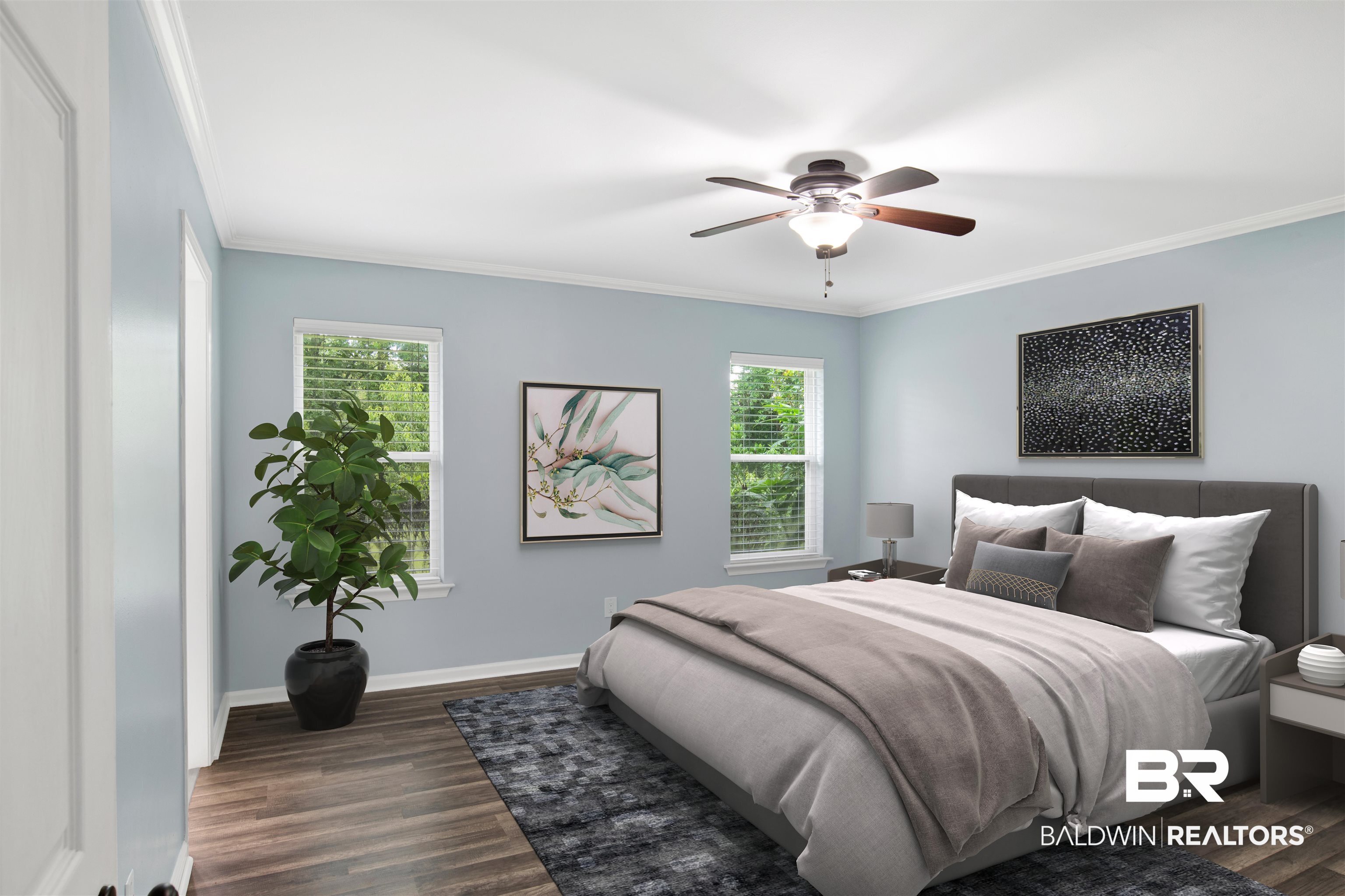 3011 Olde Gate Road Mobile, AL 36695 - Photo 24 of 35 Bedroom with ornamental molding, dark wood-style flooring, and a ceiling fan
