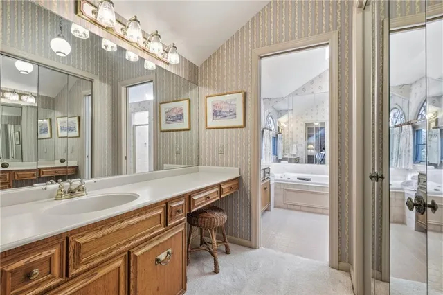 a bathroom with a sink a large mirror and a shower
