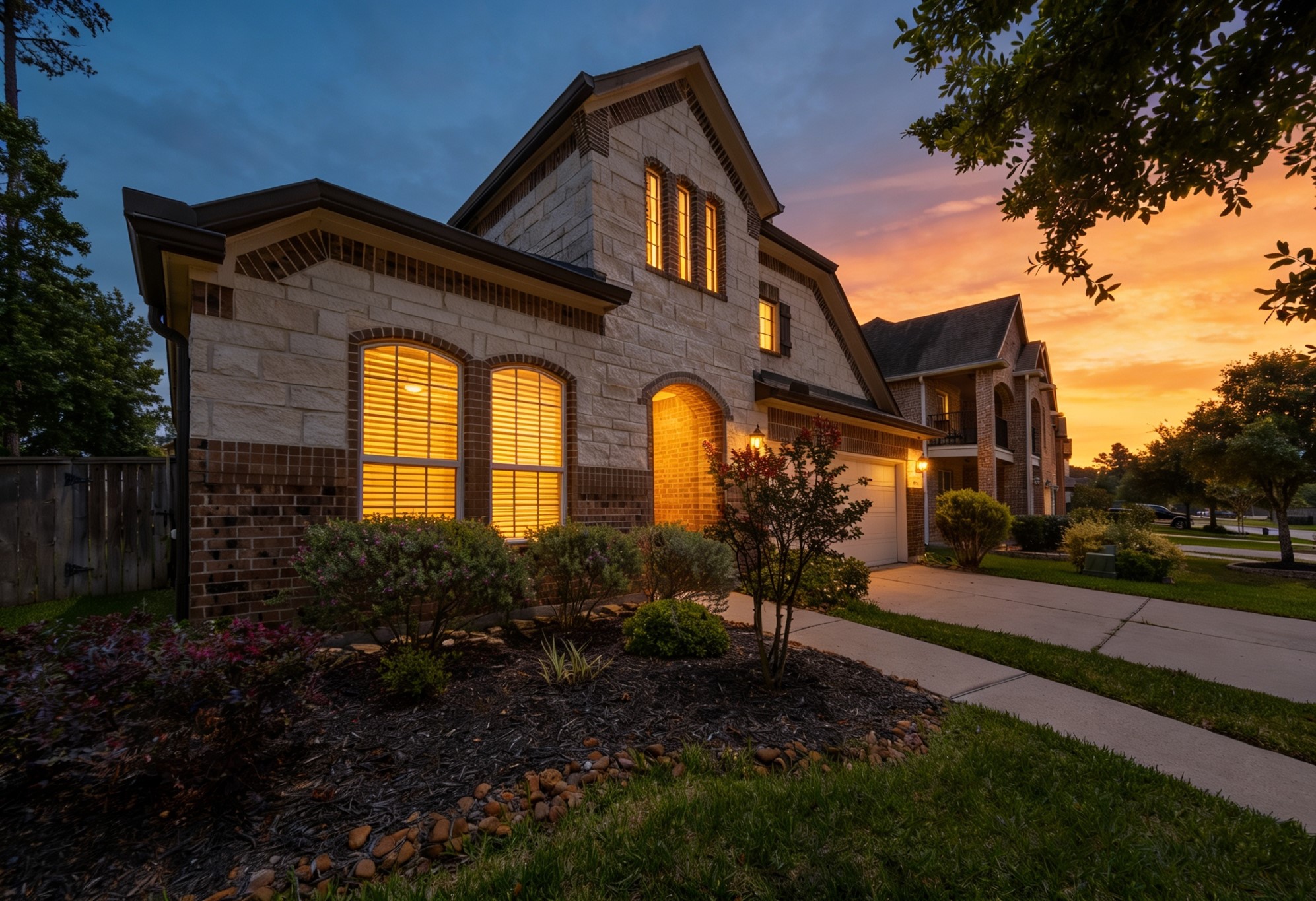 22622 Cutter Mill Drive Spring, TX 77389 - Photo 2 of 40 FRONT EXTERIOR (SUNSET ANGLE) – Evenings here are something special—beautifully lit, inviting, and the kind of curb appeal that leaves a lasting impression.