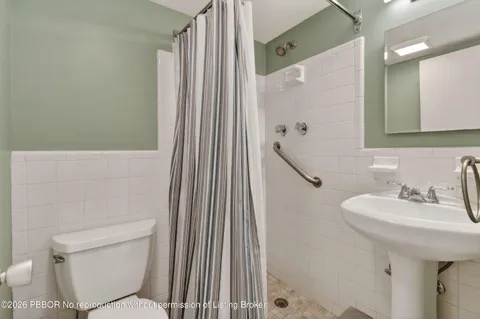 a bathroom with a sink a toilet and shower