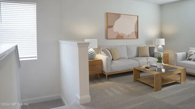 a dining room with furniture and potted plant