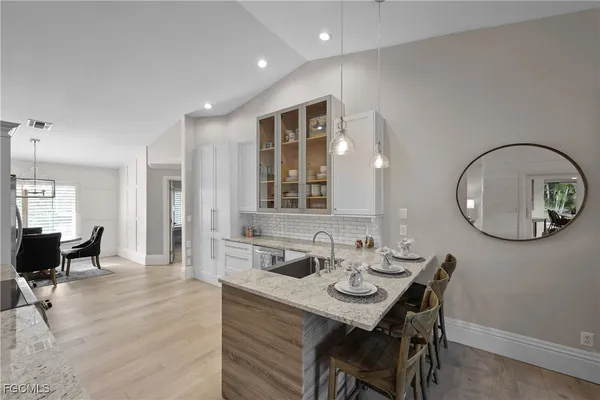 a view of a dining room with furniture