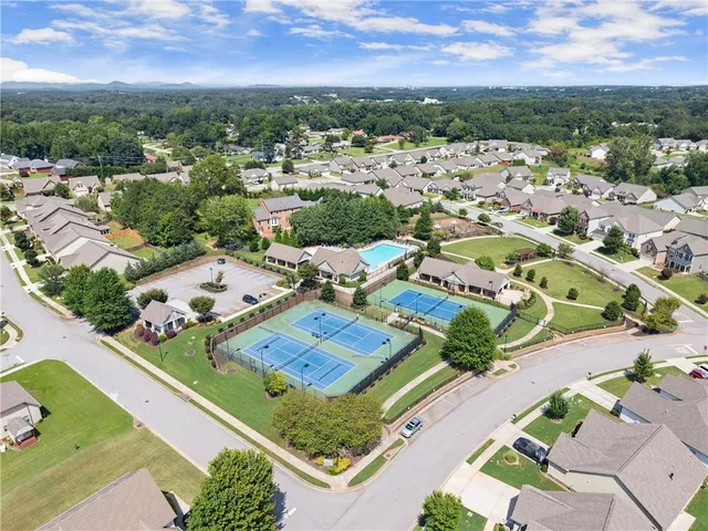 an aerial view of a swimming pool