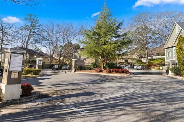 a view of city street with tall trees