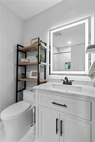 a bathroom with a sink a toilet and a mirror