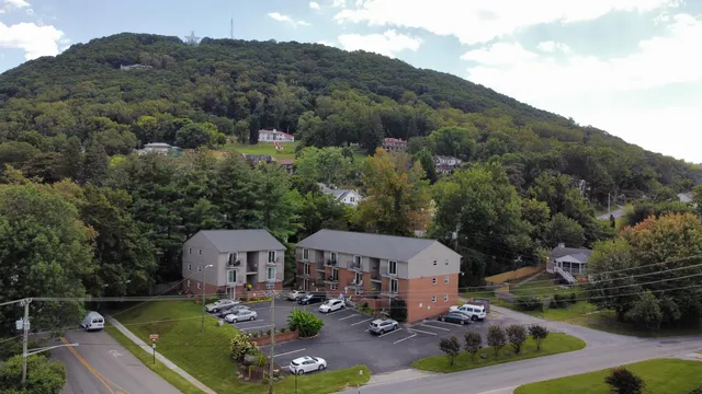 an aerial view of a house with garden