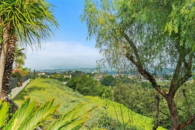 a yard with swimming pool and trees