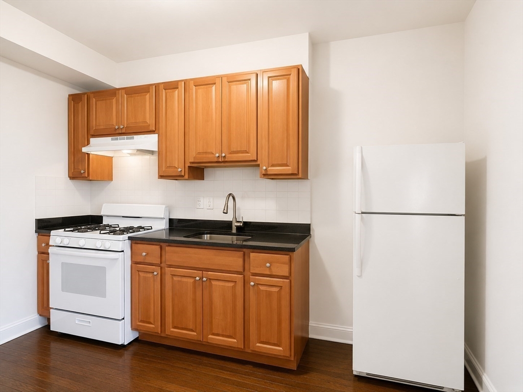 746 Broadway, Unit 2 Chelsea, MA 02150 - Photo 4 of 13 a kitchen with stainless steel appliances granite countertop a refrigerator sink and cabinets