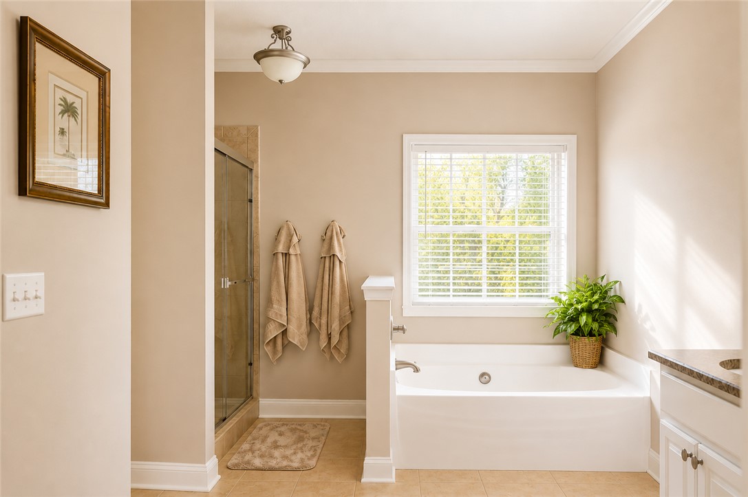 190 Fred Bradford Road Iva, SC 29655 - Photo 18 of 32 This tranquil bathroom features a soaking tub and separate shower, offering a serene escape.