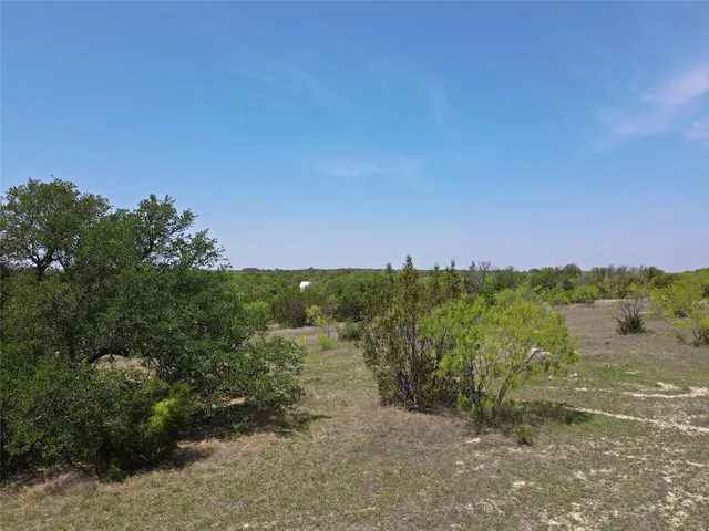 a view of a field with trees in the background