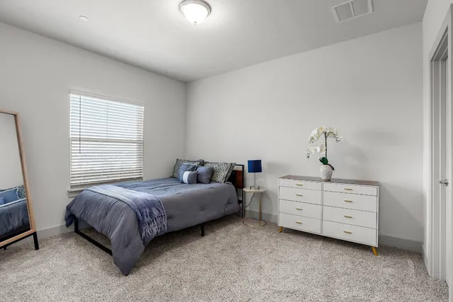 a bedroom with a bed and a dresser