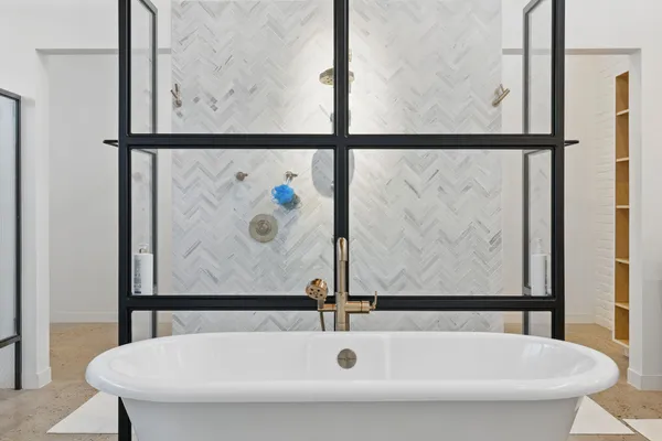 a bathroom with a bathtub