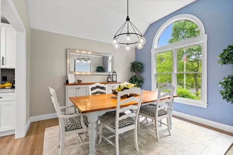 a view of a dining room with furniture and a potted plant