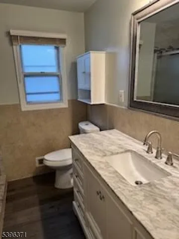 a bathroom with a granite countertop sink and a toilet