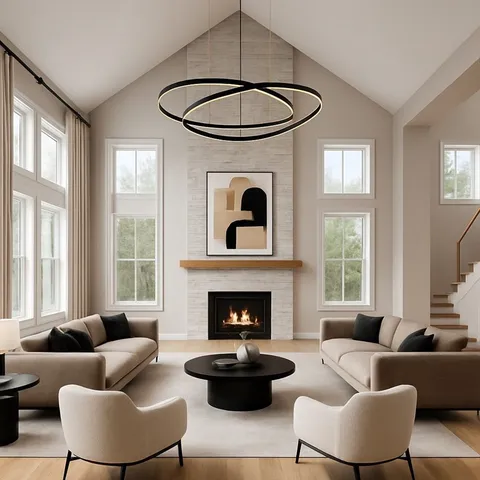 a living room with furniture a fireplace and a large window