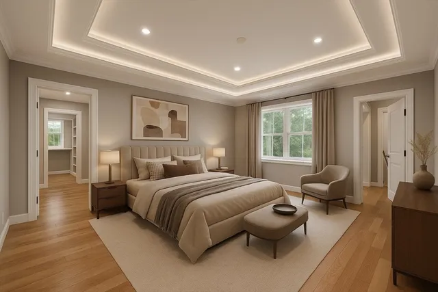 a spacious bedroom with a bed and glass window