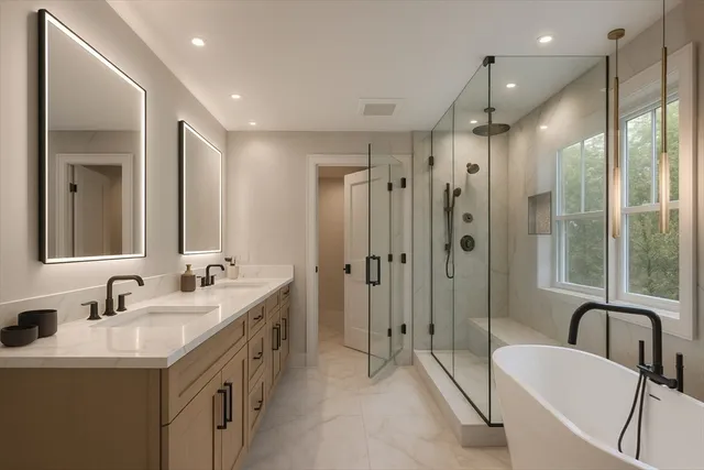 a bathroom with a double vanity sink a mirror a bathtub and shower