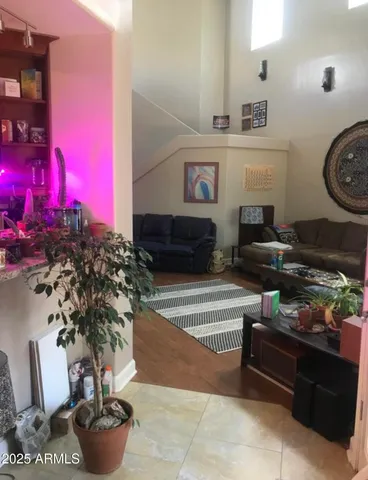 a living room with furniture and a potted plant