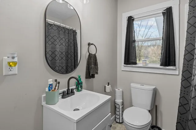 a bathroom with a toilet sink and mirror