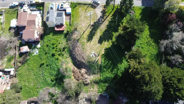 an aerial view of residential houses with outdoor space and trees