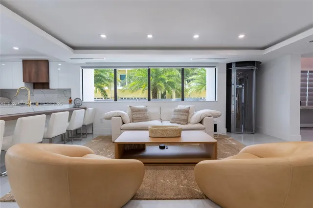 a living room with furniture and a potted plant