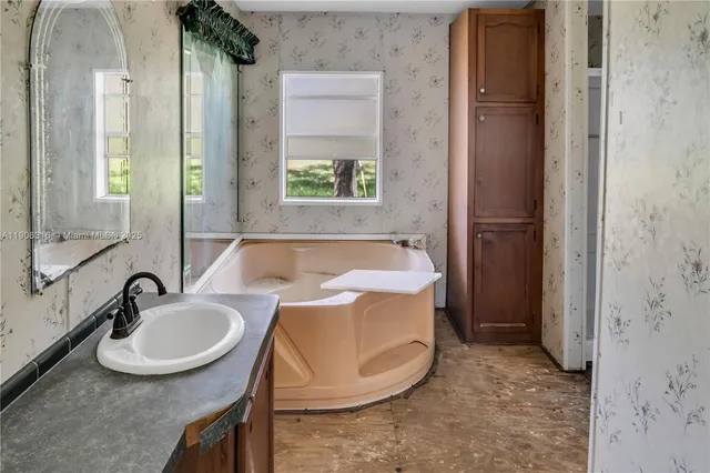a bathroom with a sink and mirror