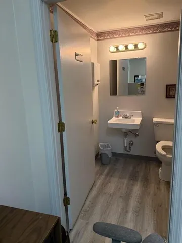 a bathroom with a sink a toilet and mirror