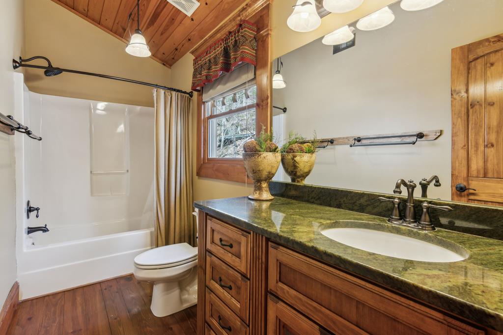 124 River Shoals Road Ellijay, GA 30536 - Photo 27 of 57 a bathroom with a granite countertop sink a toilet and shower