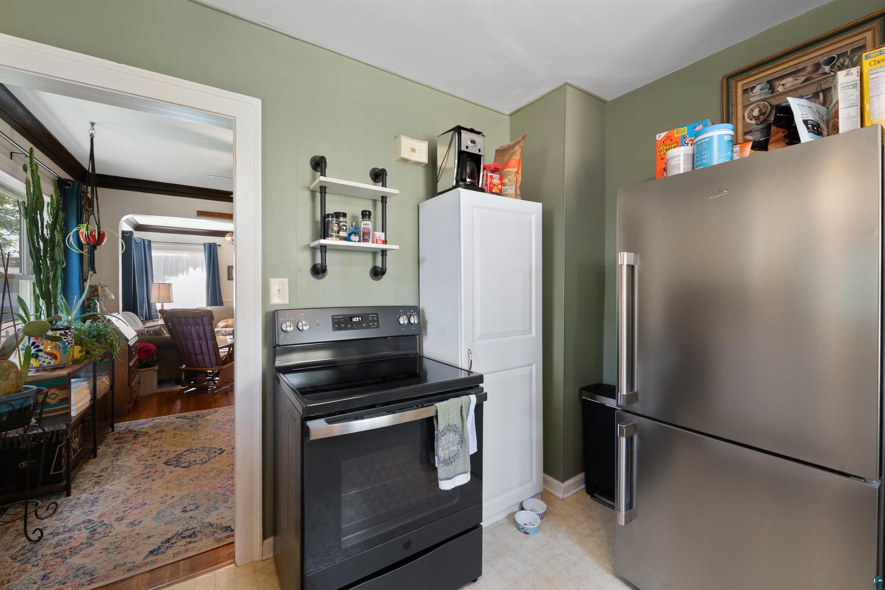 3209 Chestnut Street Duluth, MN 55806 - Photo 15 of 28 Well-equipped kitchen featuring stainless steel appliances, a black electric range, and a white built-in pantry cabinet