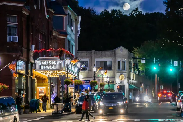 a view of street with lots of people and trees